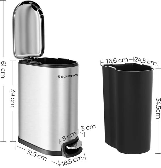 FurnStar - Pedaalemmer - Prullenbak Cosmetische kan van staal - 10 liter - Smalle pedaalemmer met binnenemmer - voor badkamer - Soft Close - Inbouwbak - Zilver