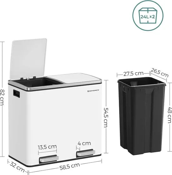 FurnStar - Pedaalemmer - Prullenbak - Dubbele prullenbak - 2 x 24L met 2 compartimenten Soft Close-deksels - Pedalen Plastic binnenemmers en handgrepen - wit