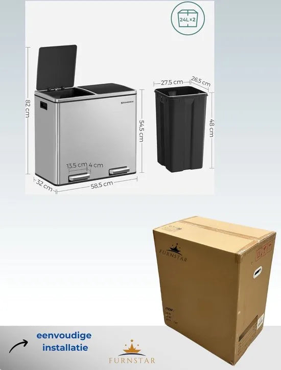 FurnStar - Pedaalemmer - Prullenbak - Dubbele prullenbak - 2 x 24L met 2 compartimenten Soft Close-deksels - Pedalen Plastic binnenemmers en handgrepen - Zilver