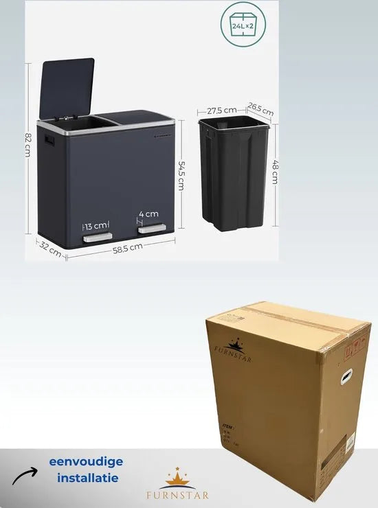 FurnStar - Pedaalemmer - Prullenbak - Dubbele prullenbak - 2 x 24L met 2 compartimenten Soft Close-deksels - Pedalen Plastic binnenemmers en handgrepen - Grijs