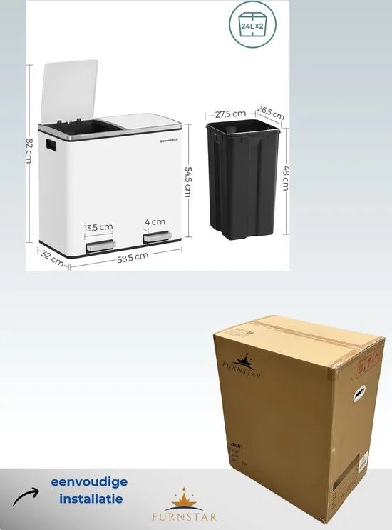 FurnStar - Pedaalemmer - Prullenbak - Dubbele prullenbak - 2 x 24L met 2 compartimenten Soft Close-deksels - Pedalen Plastic binnenemmers en handgrepen - wit