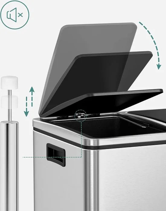 FurnStar - Pedaalemmer - Prullenbak - Dubbele prullenbak - 2 x 24L met 2 compartimenten Soft Close-deksels - Pedalen Plastic binnenemmers en handgrepen - Zilver