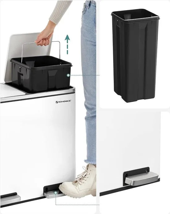 FurnStar - Pedaalemmer - Prullenbak - Dubbele prullenbak - 2 x 24L met 2 compartimenten Soft Close-deksels - Pedalen Plastic binnenemmers en handgrepen - wit
