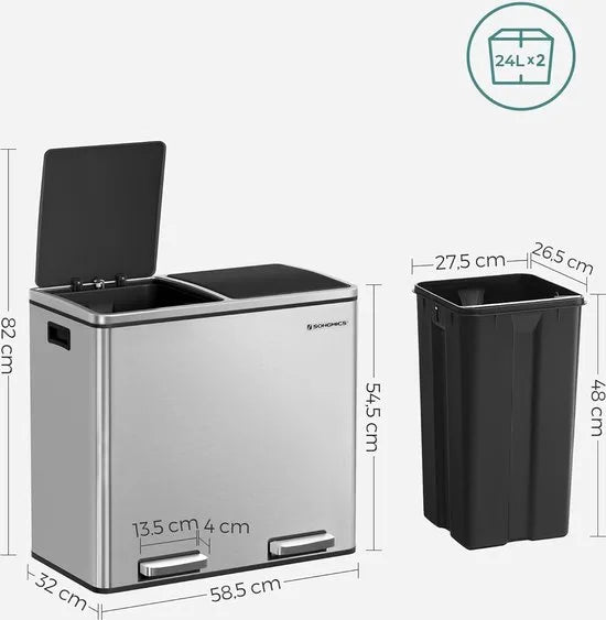 FurnStar - Pedaalemmer - Prullenbak - Dubbele prullenbak - 2 x 24L met 2 compartimenten Soft Close-deksels - Pedalen Plastic binnenemmers en handgrepen - Zilver