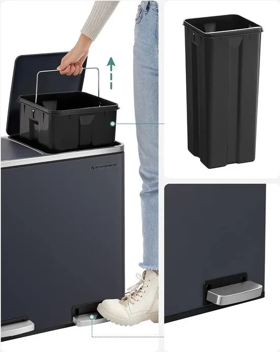 FurnStar - Pedaalemmer - Prullenbak - Dubbele prullenbak - 2 x 24L met 2 compartimenten Soft Close-deksels - Pedalen Plastic binnenemmers en handgrepen - Grijs