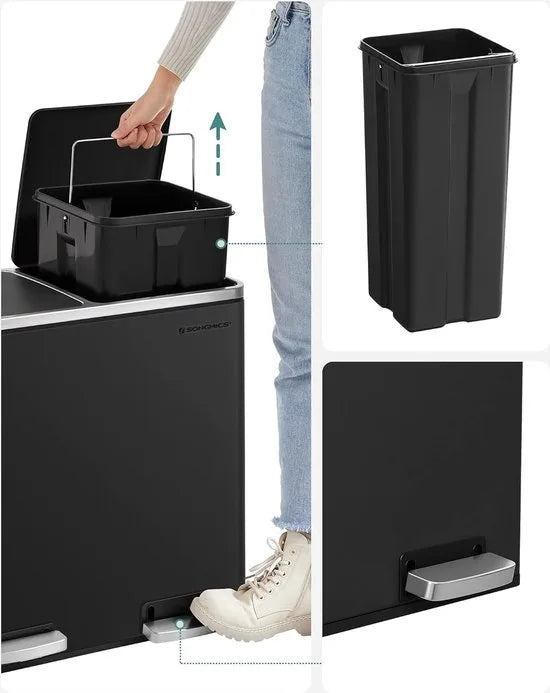 FurnStar - Pedaalemmer - Prullenbak - Dubbele prullenbak - 2 x 24L met 2 compartimenten Soft Close-deksels - Pedalen Plastic binnenemmers en handgrepen - Zwart