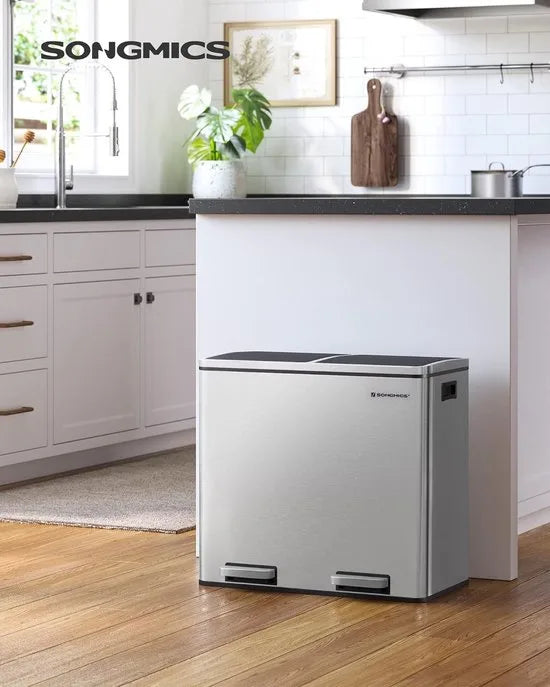 FurnStar - Pedaalemmer - Prullenbak - Dubbele prullenbak - 2 x 24L met 2 compartimenten Soft Close-deksels - Pedalen Plastic binnenemmers en handgrepen - Zilver