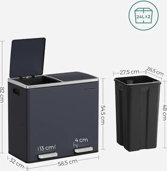 FurnStar - Pedaalemmer - Prullenbak - Dubbele prullenbak - 2 x 24L met 2 compartimenten Soft Close-deksels - Pedalen Plastic binnenemmers en handgrepen - Grijs