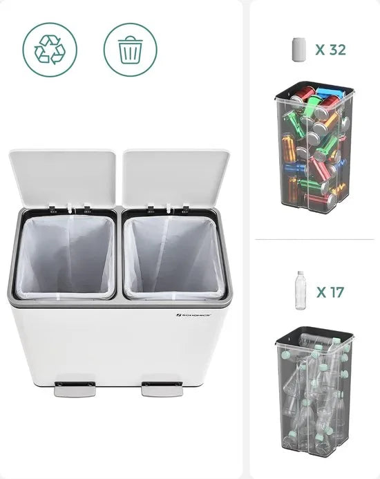 FurnStar - Pedaalemmer - Prullenbak - Dubbele prullenbak - 2 x 24L met 2 compartimenten Soft Close-deksels - Pedalen Plastic binnenemmers en handgrepen - wit