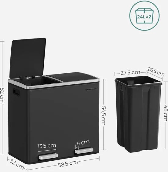FurnStar - Pedaalemmer - Prullenbak - Dubbele prullenbak - 2 x 24L met 2 compartimenten Soft Close-deksels - Pedalen Plastic binnenemmers en handgrepen - Zwart