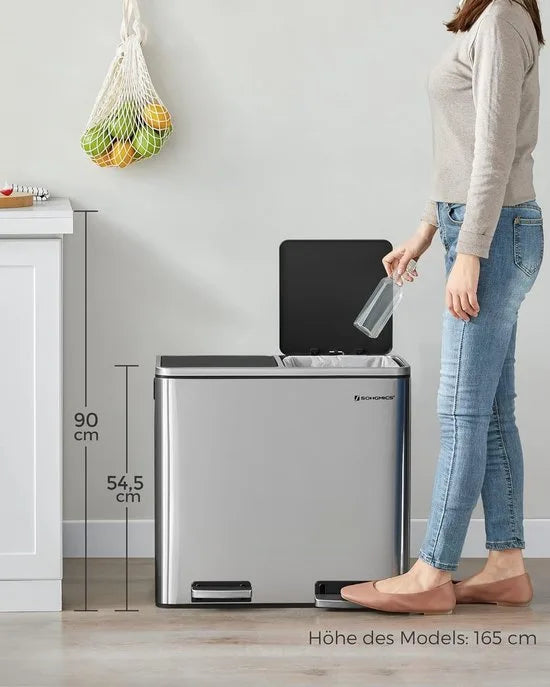 FurnStar - Pedaalemmer - Prullenbak - Dubbele prullenbak - 2 x 24L met 2 compartimenten Soft Close-deksels - Pedalen Plastic binnenemmers en handgrepen - Zilver