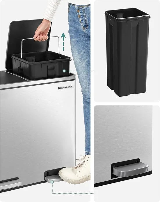 FurnStar - Pedaalemmer - Prullenbak - Dubbele prullenbak - 2 x 24L met 2 compartimenten Soft Close-deksels - Pedalen Plastic binnenemmers en handgrepen - Zilver