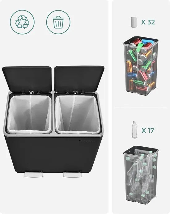 FurnStar - Pedaalemmer - Prullenbak - Dubbele prullenbak - 2 x 24L met 2 compartimenten Soft Close-deksels - Pedalen Plastic binnenemmers en handgrepen - Zwart