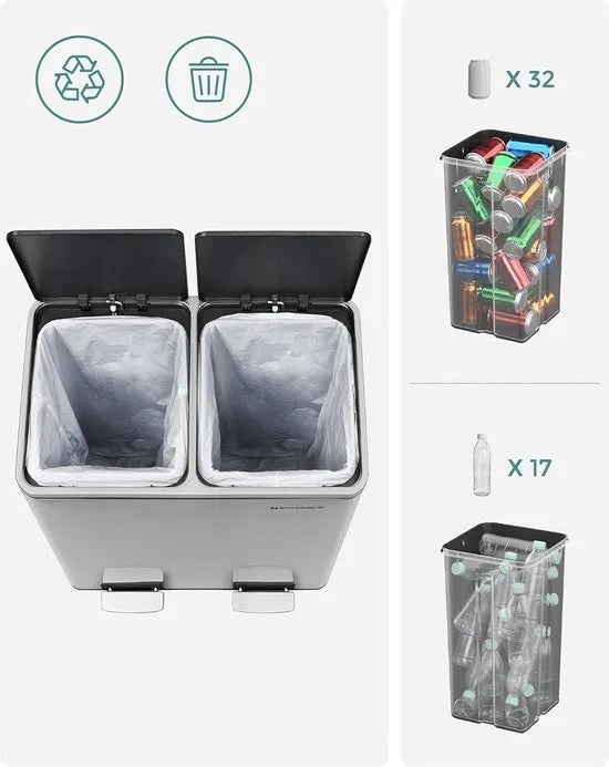 FurnStar - Pedaalemmer - Prullenbak - Dubbele prullenbak - 2 x 24L met 2 compartimenten Soft Close-deksels - Pedalen Plastic binnenemmers en handgrepen - Zilver