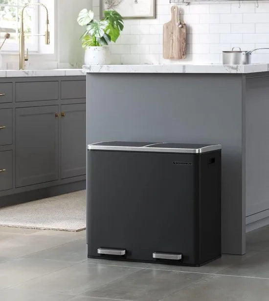 FurnStar - Pedaalemmer - Prullenbak - Dubbele prullenbak - 2 x 24L met 2 compartimenten Soft Close-deksels - Pedalen Plastic binnenemmers en handgrepen - Zwart