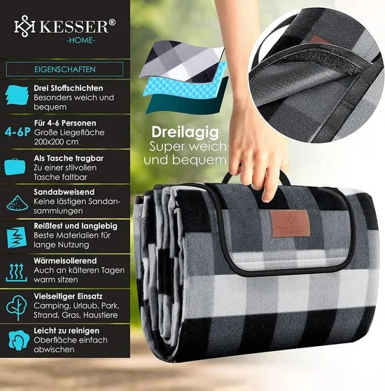 FurnStar - Picknickkleed - Picknickdeken waterdicht - Picknickdeken - Warmte - isolerend met waterdichte bodem met draaggreep - 200 x 200 cm - voor 4-6 personen - Wasbaar - Grijs / Houtskool