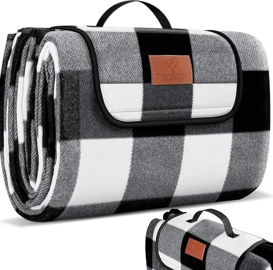 FurnStar - Picknickkleed - Picknickdeken waterdicht - Picknickdeken - Warmte - isolerend met waterdichte bodem met draaggreep - 200 x 200 cm - voor 4-6 personen - Wasbaar - Blauw/Groen – Zwart/wit