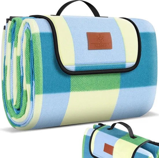 FurnStar - Picknickkleed - Picknickdeken waterdicht - Picknickdeken - Warmte - isolerend met waterdichte bodem met draaggreep - 200 x 200 cm - voor 4-6 personen - Wasbaar - Blauw/Groen