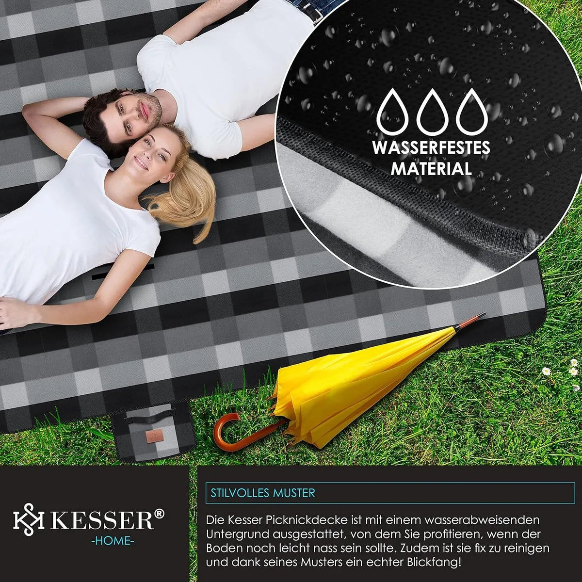 FurnStar - Picknickkleed - Picknickdeken waterdicht - Picknickdeken - Warmte - isolerend met waterdichte bodem met draaggreep - 200 x 200 cm - voor 4-6 personen - Wasbaar - Grijs / Houtskool