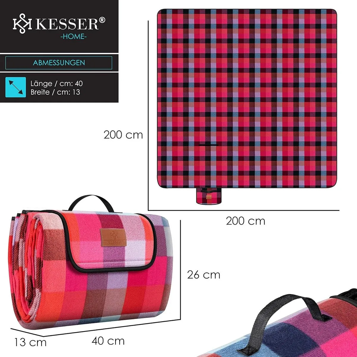 FurnStar - Picknickkleed - Picknickdeken waterdicht - Picknickdeken - Warmte - isolerend met waterdichte bodem met draaggreep - 200 x 200 cm - voor 4-6 personen - Wasbaar - Rood/Turkoois