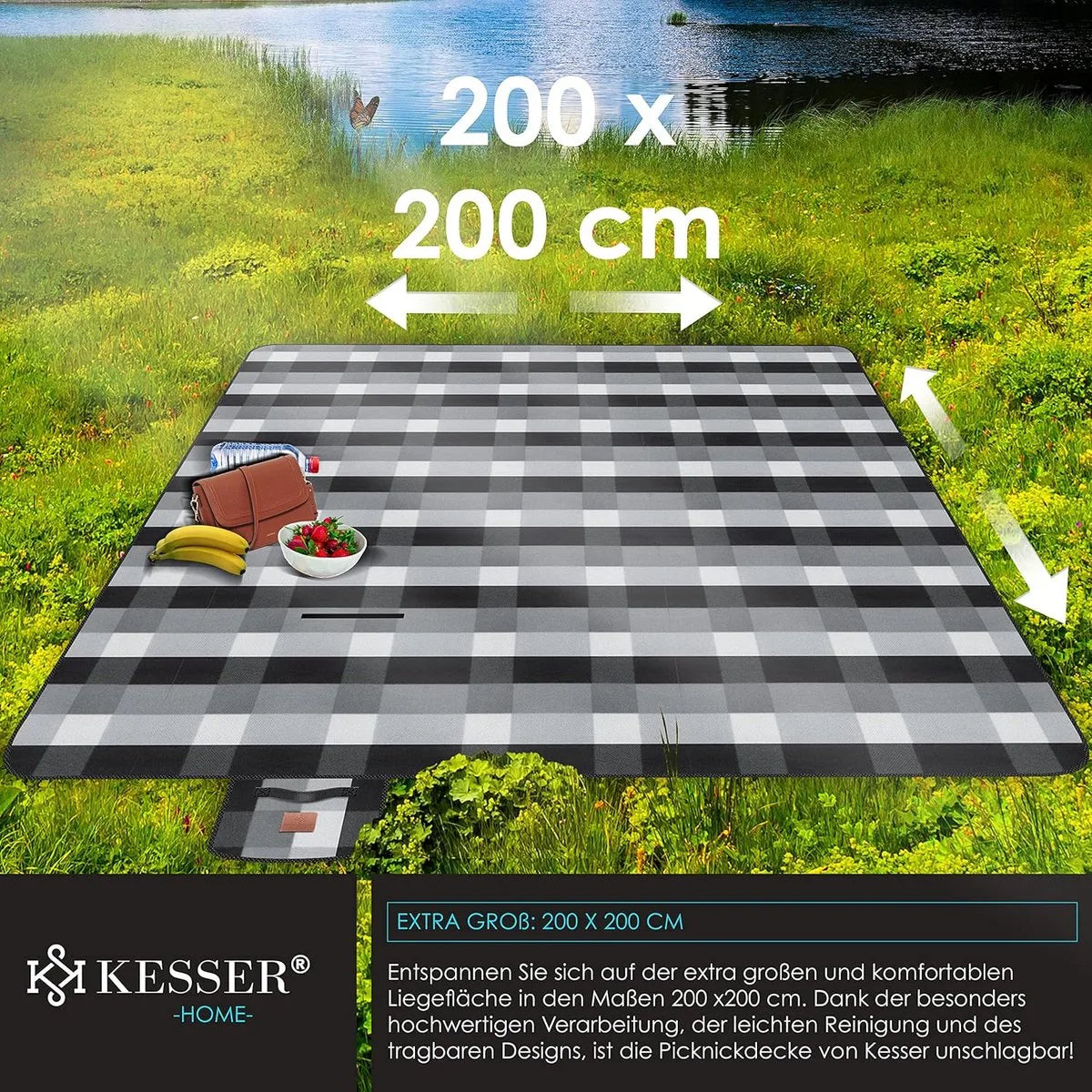 FurnStar - Picknickkleed - Picknickdeken waterdicht - Picknickdeken - Warmte - isolerend met waterdichte bodem met draaggreep - 200 x 200 cm - voor 4-6 personen - Wasbaar - Grijs / Houtskool