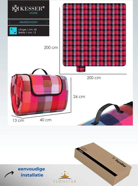 FurnStar - Picknickkleed - Picknickdeken waterdicht - Picknickdeken - Warmte - isolerend met waterdichte bodem met draaggreep - 200 x 200 cm - voor 4-6 personen - Wasbaar - Rood/Turkoois