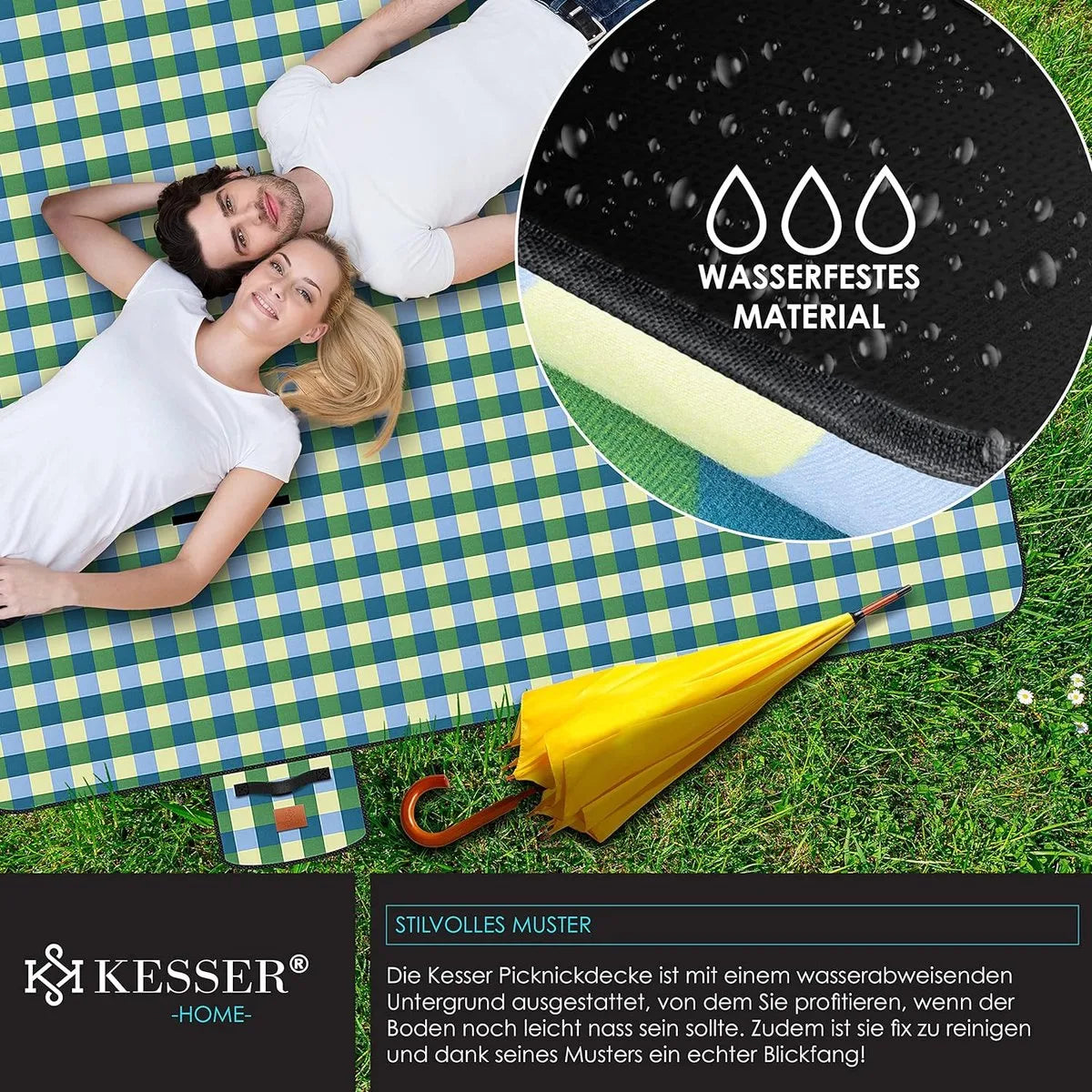 FurnStar - Picknickkleed - Picknickdeken waterdicht - Picknickdeken - Warmte - isolerend met waterdichte bodem met draaggreep - 200 x 200 cm - voor 4-6 personen - Wasbaar - Blauw/Groen