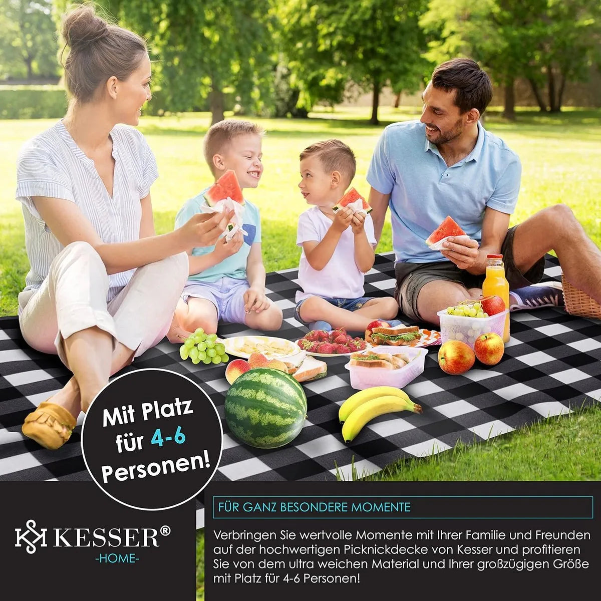 FurnStar - Picknickkleed - Picknickdeken waterdicht - Picknickdeken - Warmte - isolerend met waterdichte bodem met draaggreep - 200 x 200 cm - voor 4-6 personen - Wasbaar - Blauw/Groen – Zwart/wit