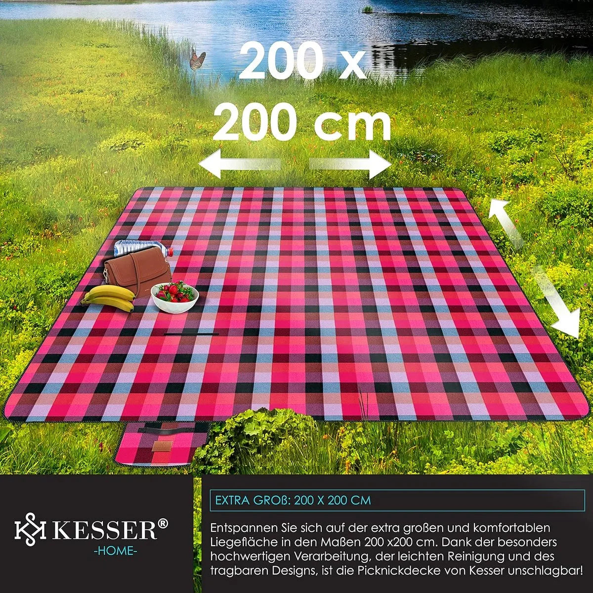 FurnStar - Picknickkleed - Picknickdeken waterdicht - Picknickdeken - Warmte - isolerend met waterdichte bodem met draaggreep - 200 x 200 cm - voor 4-6 personen - Wasbaar - Rood/Turkoois
