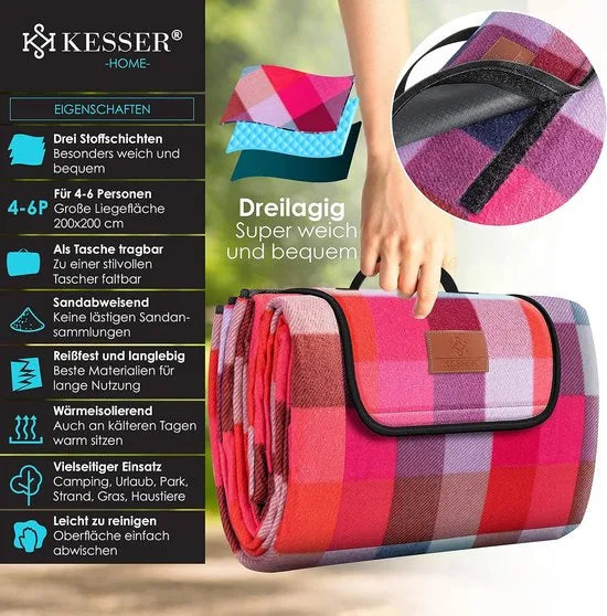 FurnStar - Picknickkleed - Picknickdeken waterdicht - Picknickdeken - Warmte - isolerend met waterdichte bodem met draaggreep - 200 x 200 cm - voor 4-6 personen - Wasbaar - Rood/Turkoois