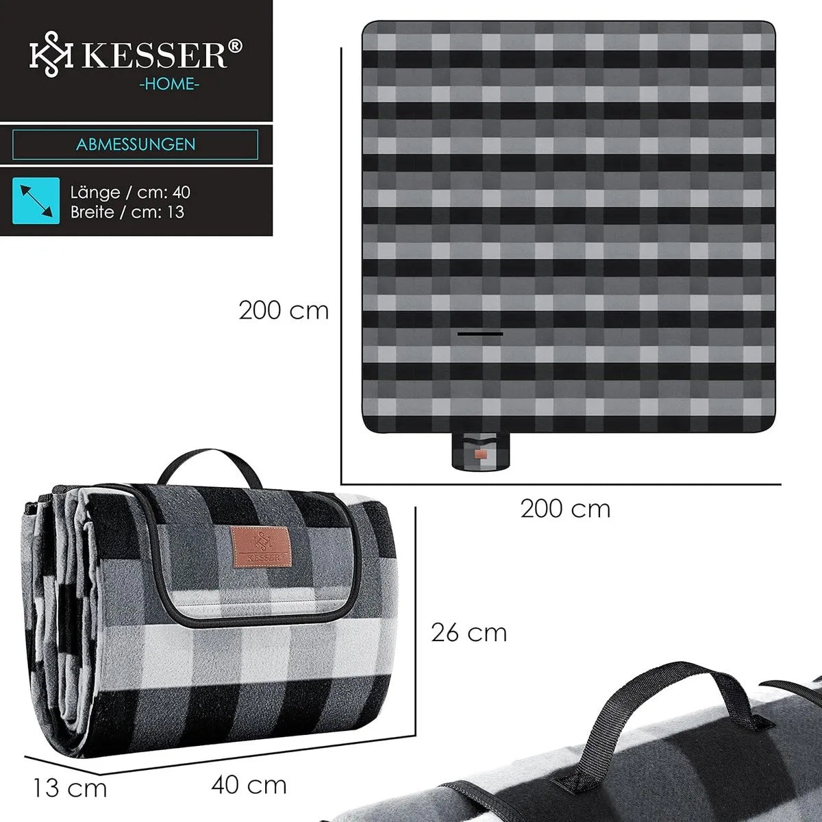 FurnStar - Picknickkleed - Picknickdeken waterdicht - Picknickdeken - Warmte - isolerend met waterdichte bodem met draaggreep - 200 x 200 cm - voor 4-6 personen - Wasbaar - Grijs / Houtskool