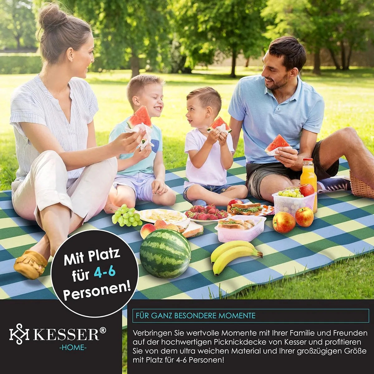 FurnStar - Picknickkleed - Picknickdeken waterdicht - Picknickdeken - Warmte - isolerend met waterdichte bodem met draaggreep - 200 x 200 cm - voor 4-6 personen - Wasbaar - Blauw/Groen