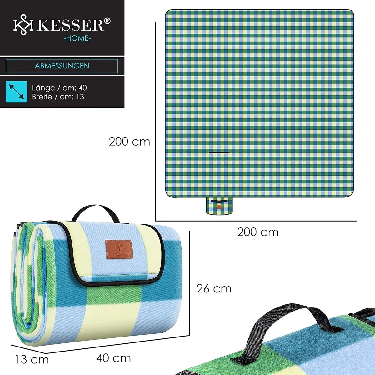 FurnStar - Picknickkleed - Picknickdeken waterdicht - Picknickdeken - Warmte - isolerend met waterdichte bodem met draaggreep - 200 x 200 cm - voor 4-6 personen - Wasbaar - Blauw/Groen