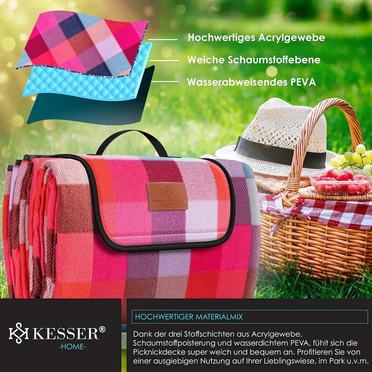 FurnStar - Picknickkleed - Picknickdeken waterdicht - Picknickdeken - Warmte - isolerend met waterdichte bodem met draaggreep - 200 x 200 cm - voor 4-6 personen - Wasbaar - Rood/Turkoois