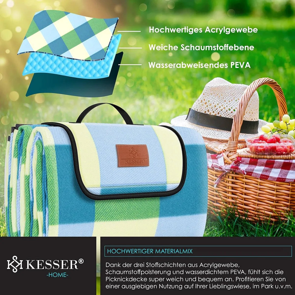 FurnStar - Picknickkleed - Picknickdeken waterdicht - Picknickdeken - Warmte - isolerend met waterdichte bodem met draaggreep - 200 x 200 cm - voor 4-6 personen - Wasbaar - Blauw/Groen