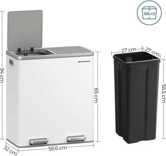 FurnStar prullenbak 2 x 30L - 60L - 2 Vakken - Afvalscheiding - Roestvrij Staal