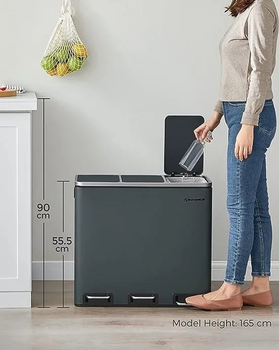 FurnStar prullenbak 3x15 L - 45L - 3 Vakken - Afvalscheiding - Roestvrij Staal – Groen; zilver; zwart 3 x 18 FurnStar prullenbak 3 x 18L 54 L