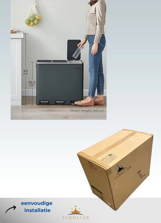 FurnStar prullenbak 3x15 L - 45L - 3 Vakken - Afvalscheiding - Roestvrij Staal – Groen; zilver; zwart 3 x 18 FurnStar prullenbak 3 x 18L 54 L