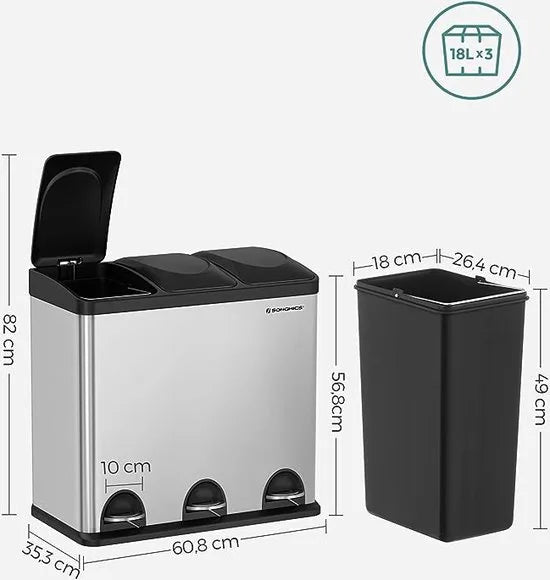 FurnStar prullenbak 3x15 L - 45L - 3 Vakken - Afvalscheiding - Roestvrij Staal – Zilver; grijs 3 x 18 FurnStar Prullenbak 3 x 18L 54 L