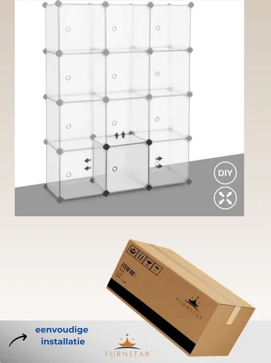 FurnStar - Reksysteem - schoenenrek - set van 12 kubussen - kledingkast van kunststof - met deuren - steekrek - opslag van kleding - schoenen en boeken - eenvoudige montage - wit