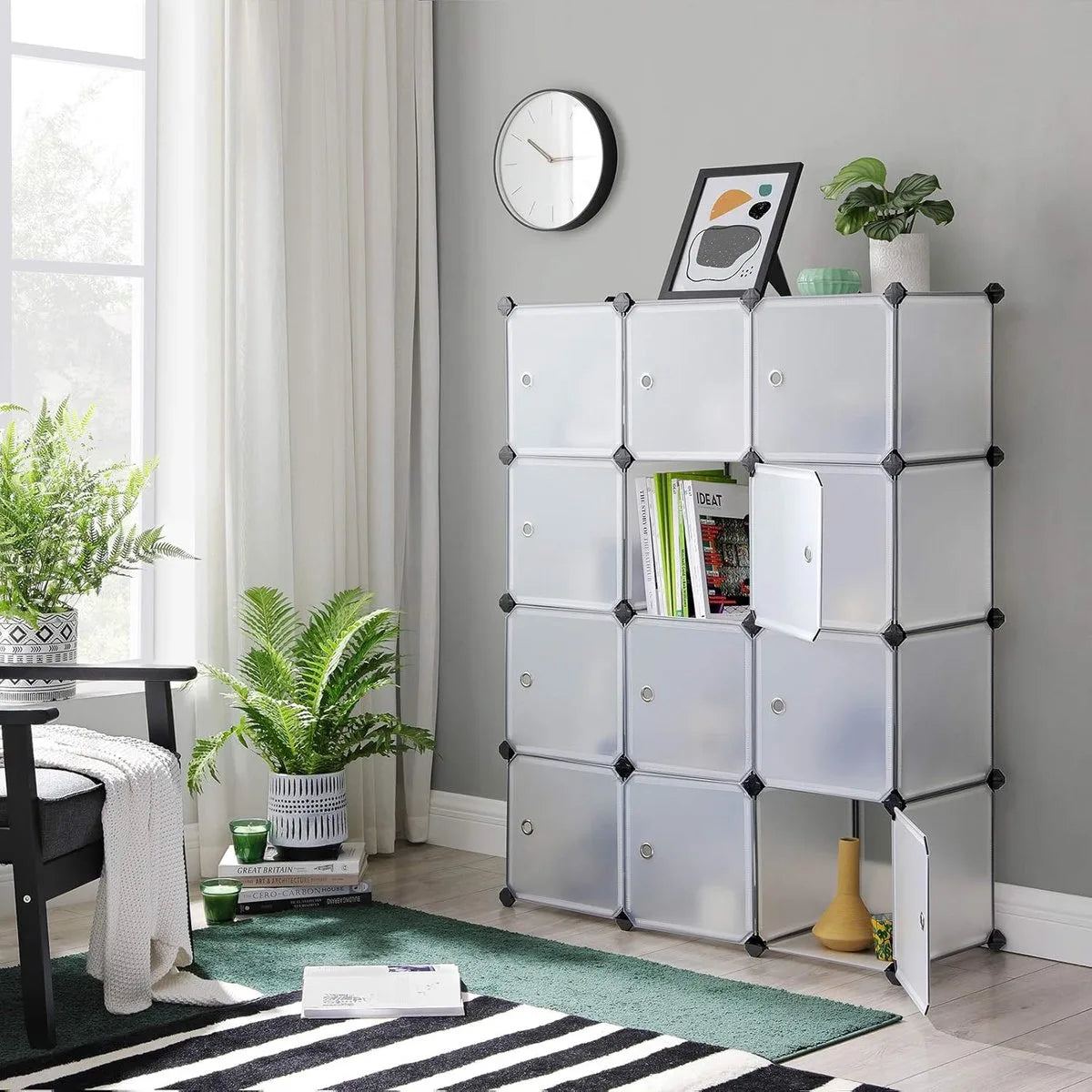 FurnStar - Reksysteem - schoenenrek - set van 12 kubussen - kledingkast van kunststof - met deuren - steekrek - opslag van kleding - schoenen en boeken - eenvoudige montage - wit