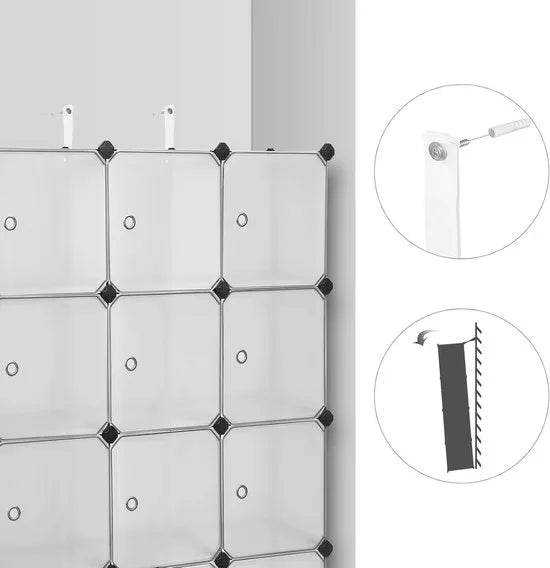 FurnStar - Reksysteem - schoenenrek - set van 12 kubussen - kledingkast van kunststof - met deuren - steekrek - opslag van kleding - schoenen en boeken - eenvoudige montage - wit