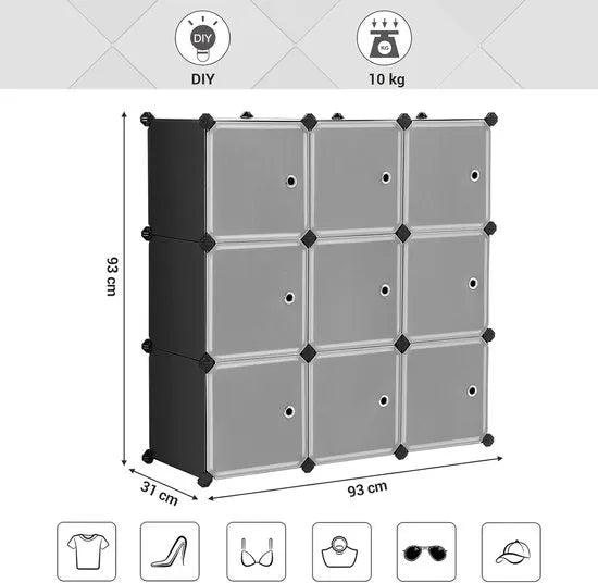 FurnStar - Reksysteem - schoenenrek - set van 12 kubussen - kledingkast van kunststof - met deuren - steekrek - opslag van kleding - schoenen en boeken - eenvoudige montage - zwart