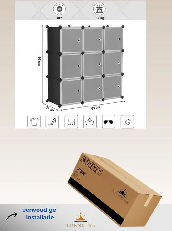 FurnStar - Reksysteem - schoenenrek - set van 12 kubussen - kledingkast van kunststof - met deuren - steekrek - opslag van kleding - schoenen en boeken - eenvoudige montage - zwart