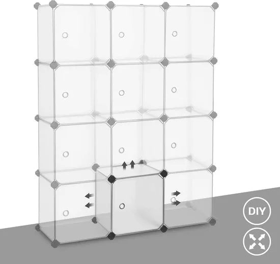 FurnStar - Reksysteem - schoenenrek - set van 12 kubussen - kledingkast van kunststof - met deuren - steekrek - opslag van kleding - schoenen en boeken - eenvoudige montage - wit