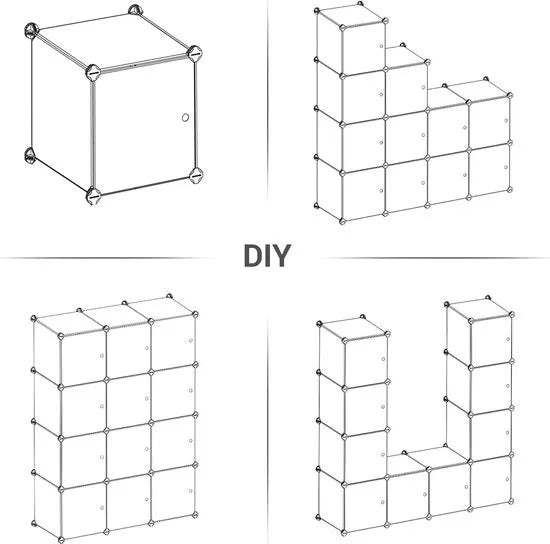 FurnStar - Reksysteem - schoenenrek - set van 12 kubussen - kledingkast van kunststof - met deuren - steekrek - opslag van kleding - schoenen en boeken - eenvoudige montage - wit