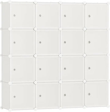 FurnStar - Reksysteem - schoenenrek - set van 16 kubussen - kledingkast van kunststof - met deuren - steekrek - opslag van kleding - schoenen en boeken - eenvoudige montage - crème-wit