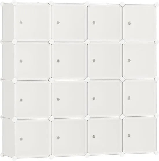 FurnStar - Reksysteem - schoenenrek - set van 16 kubussen - kledingkast van kunststof - met deuren - steekrek - opslag van kleding - schoenen en boeken - eenvoudige montage - crème-wit
