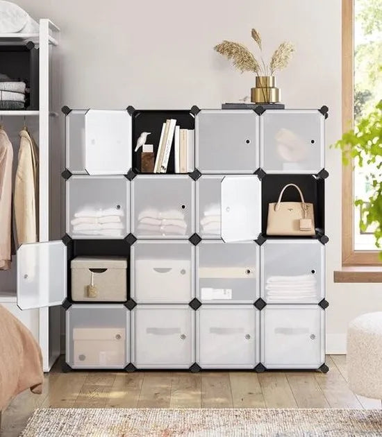 FurnStar - Reksysteem - schoenenrek - set van 16 kubussen - kledingkast van kunststof - met deuren - steekrek - opslag van kleding - schoenen en boeken - eenvoudige montage - zwart