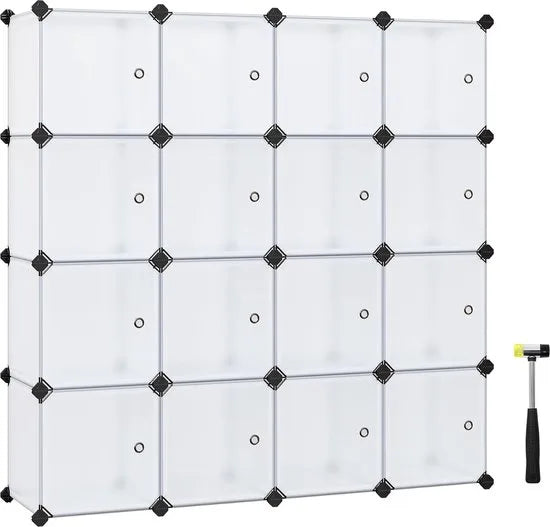 FurnStar - Reksysteem - schoenenrek - set van 16 kubussen - kledingkast van kunststof - met deuren - steekrek - opslag van kleding - schoenen en boeken - eenvoudige montage - wit